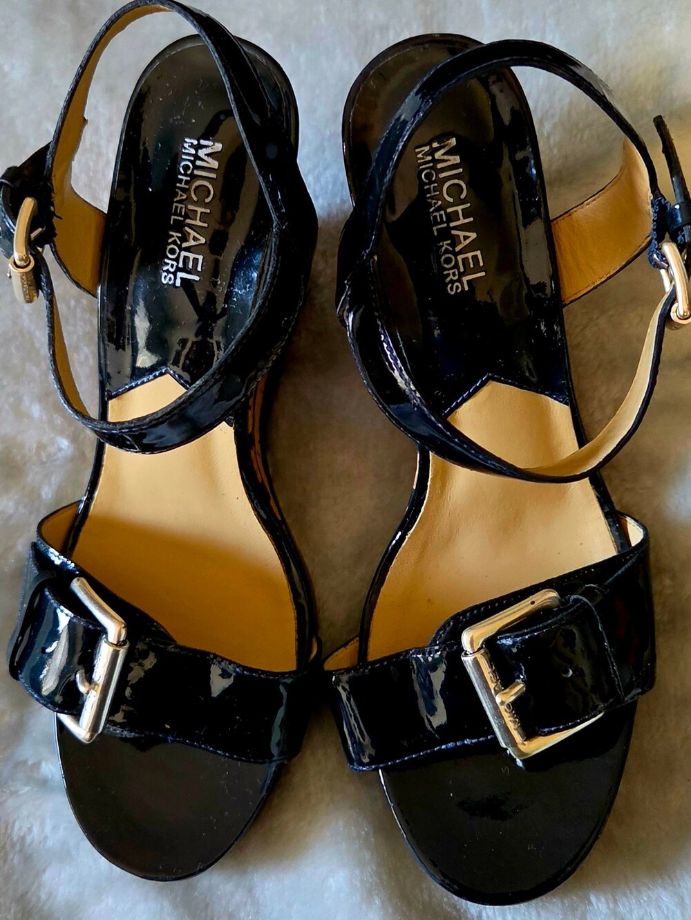 Michael Kors Black Patent Leather Buckle Ankle Strap Wedges.